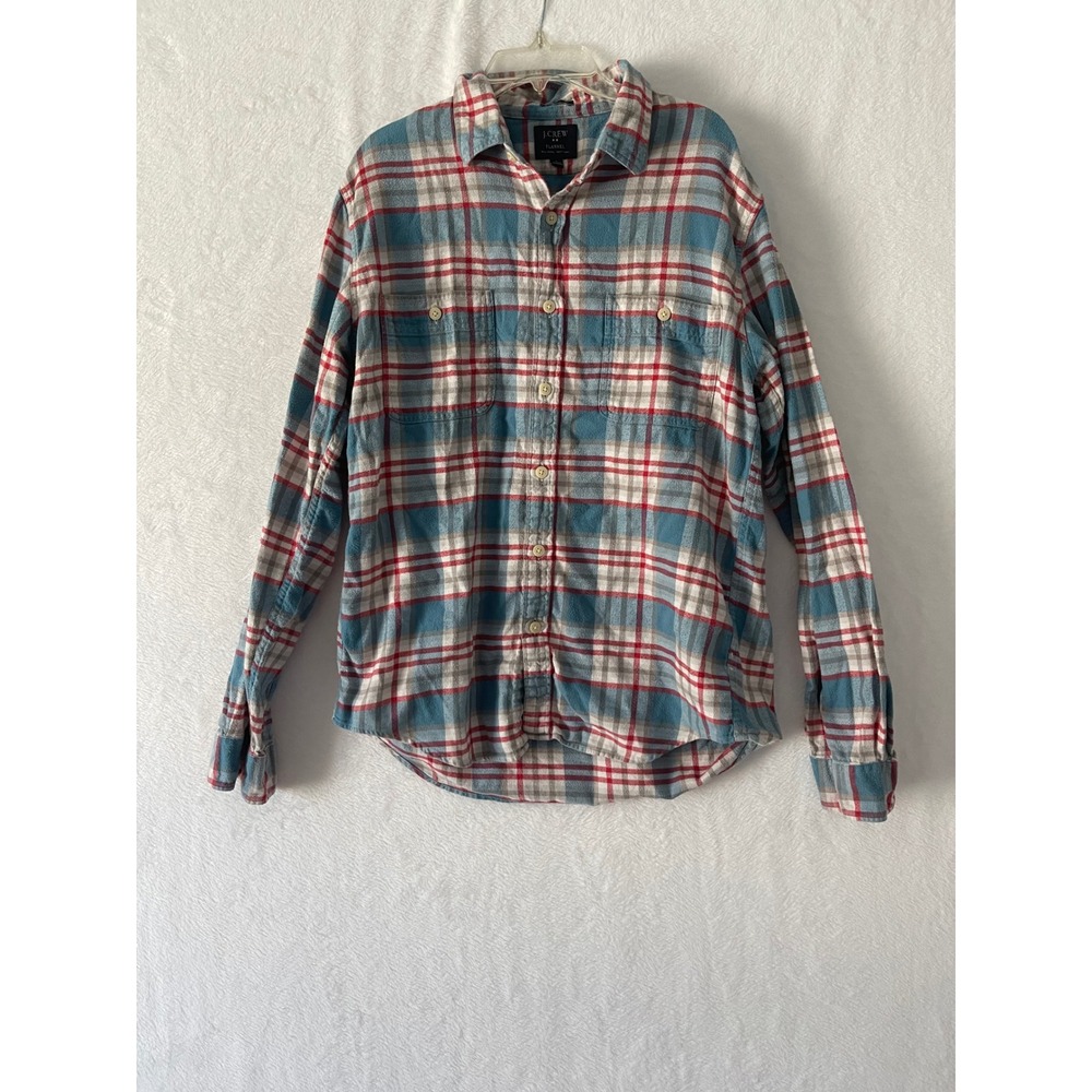 J.Crew Mens Flannel Shirt Large Blue Red Plaid Long Sleeve Button Down Pockets